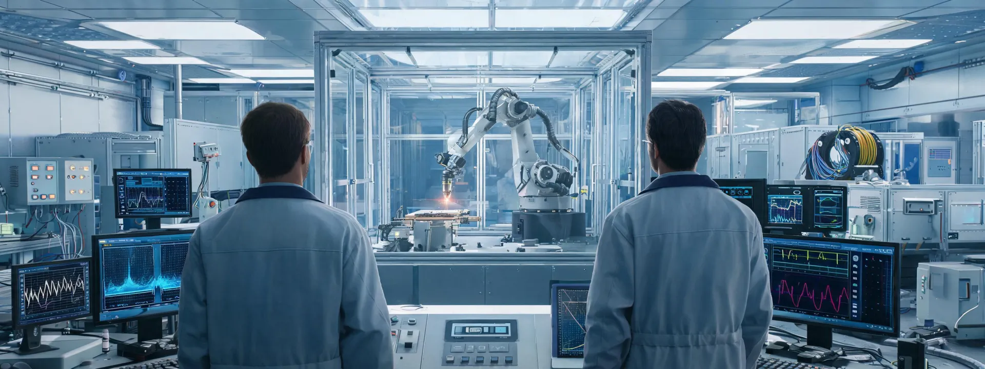 Photonics engineers evaluating an automated laser welding cell
