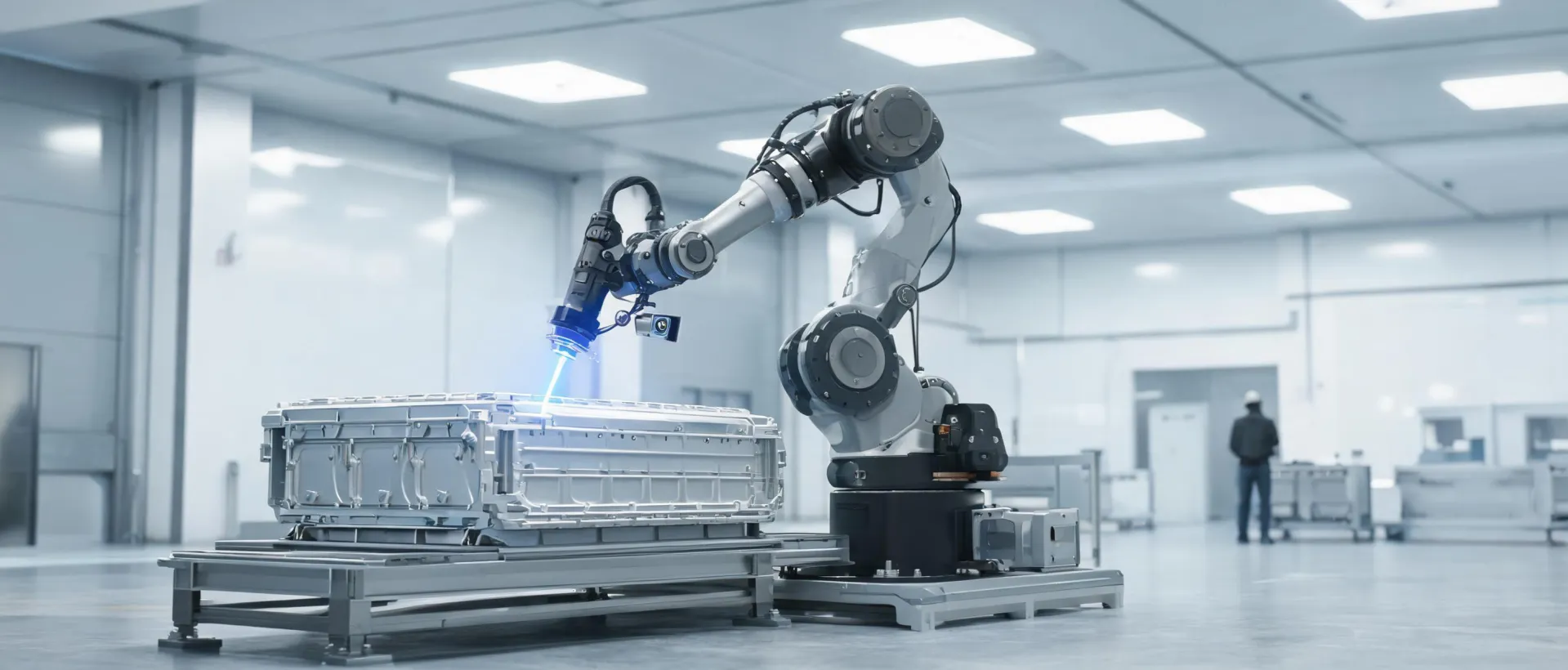 Automated fiber laser welding cell joining an EV battery enclosure